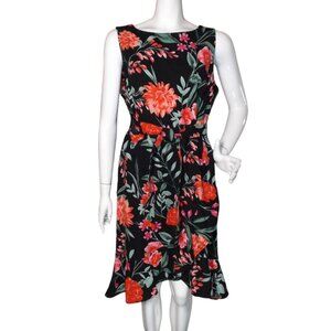 CALVIN KLEIN Dress, 14, Black/Red Floral, Ruffle hem, Matching Sash, Boat neck
